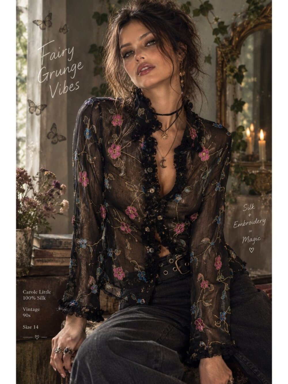 Carole Little 100% Silk Sheer Embroidered Blouse 14 Whimsigoth 90s Y2K Floral